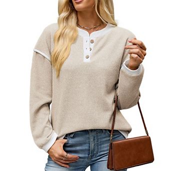 Women's Color Block Henley Shirt Long Sleeve Button V Neck Knit Tops