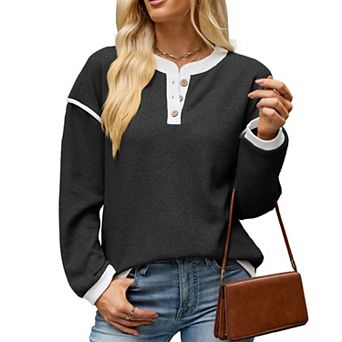 Women's Color Block Henley Shirt Long Sleeve Button V Neck Knit Tops
