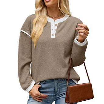 Women's Color Block Henley Shirt Long Sleeve Button V Neck Knit Tops