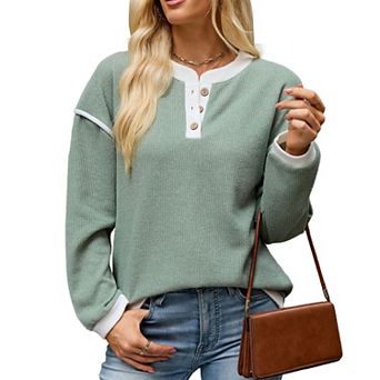 Women's Color Block Henley Shirt Long Sleeve Button V Neck Knit Tops