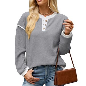 Women's Color Block Henley Shirt Long Sleeve Button V Neck Knit Tops
