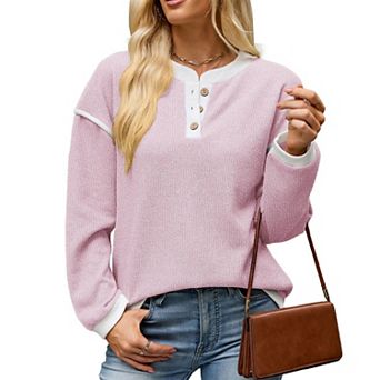Women's Color Block Henley Shirt Long Sleeve Button V Neck Knit Tops