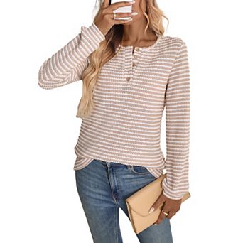 Women's Fall Striped Henley Long Sleeve Knit Tops V Neck Casual Going Out Shirts