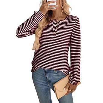 Women's Fall Striped Henley Long Sleeve Knit Tops V Neck Casual Going Out Shirts