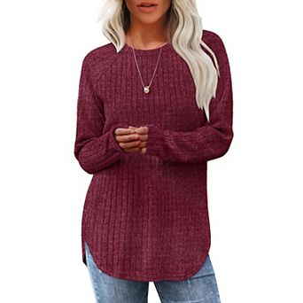 Women's Crewneck Curved Hem Loose Fit Long Sleeve Pullover Sweater Tops