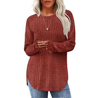 Women's Crewneck Curved Hem Loose Fit Long Sleeve Pullover Sweater Tops