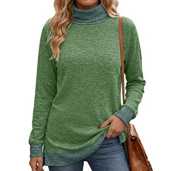 Women's Contrast Color High Neck Long Sleeve Loose Split Hem Tops