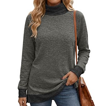 Women's Contrast Color High Neck Long Sleeve Loose Split Hem Tops