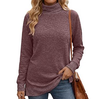 Women's Contrast Color High Neck Long Sleeve Loose Split Hem Tops