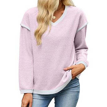 Women Knitted Knit Crewneck Contrast Binding Long Sleeve Base Sweater