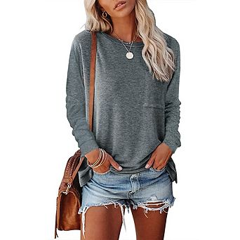Women's Lightweight Crew Neck Long Sleeve Tops Side Split Hem Casual Shirts