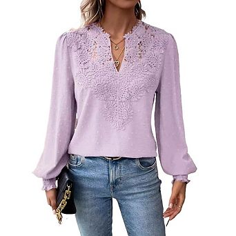 Women Lace V Neck Blouse Puff Long Sleeve Casual Chiffon Shirts
