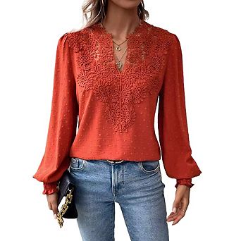 Women Lace V Neck Blouse Puff Long Sleeve Casual Chiffon Shirts
