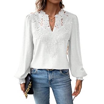 Women Lace V Neck Blouse Puff Long Sleeve Casual Chiffon Shirts