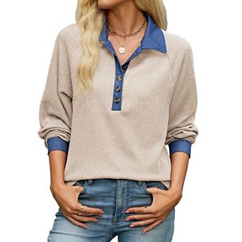 Women's Contrast Color Lapel Long Sleeve Button Tops Loose Fit Casual Blouses