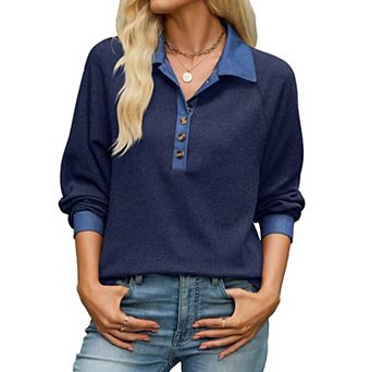 Women's Contrast Color Lapel Long Sleeve Button Tops Loose Fit Casual Blouses