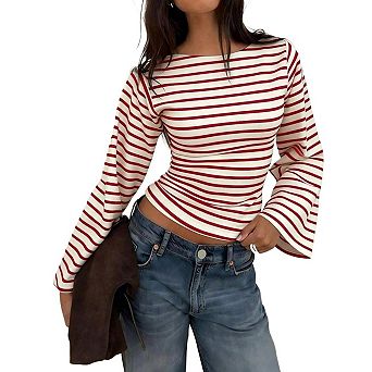 Women's Boat Neck Flare Long Sleeve Ribbed Ruched Slim Fit Fall Tops