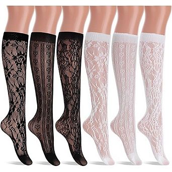 6 Pairs Women's Fishnet Knee High Socks Stylish Lace Hollow Stockings