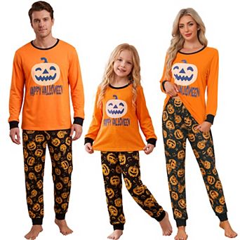 Women's Family Pajama Set Pumpkin Print Long Sleeve Top Black Jogger Pants Party Nightwear