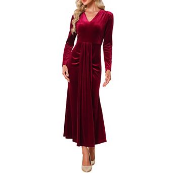 Women's Velvet Long Dress for Cocktail Bodycon Long Sleeve V Neck Evening Maxi Dress