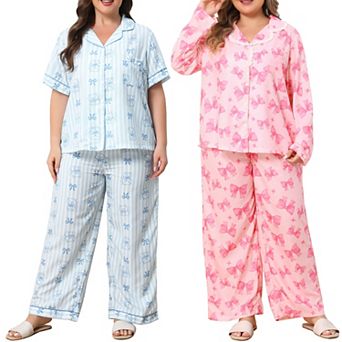 Women's Plus Size 2 Packs Pajama Sets, Long Sleeve Sleepwear & Short Sleeve Nightwear