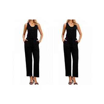 2 Packs Women's Dressy Jumpsuit Sleeveless Crew Neck Knit Wide Leg Rompers Jumpers Summer Outfits