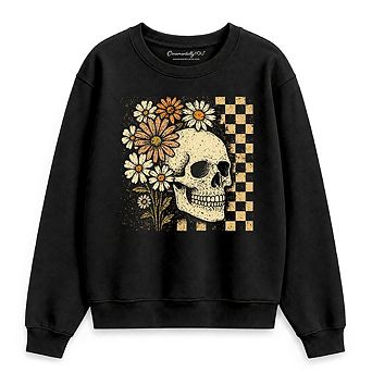 Checkered Floral Skeleton Sweatshirt, Vintage Skull Daisy Halloween Sweater