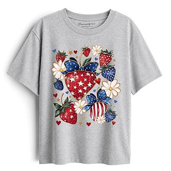 Kids Patriotic Boho Strawberries Bouquet T-Shirt, Youth 4th of July Festive Patch Tee