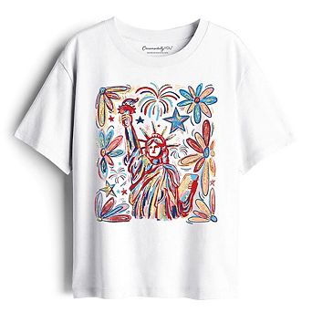 Kids Patriotic Statue of Liberty and Fireworks T-Shirt, Festive 4th of July Youth Tee