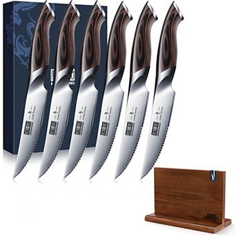 HOSHANHO 4.5-Inch Serrated Steak Knife Set of 6 with Wooden Magnetic Knife Block