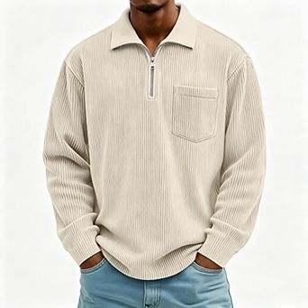 Men's Zipper Collar Corduroy Long-Sleeve Polo Sweatshirts