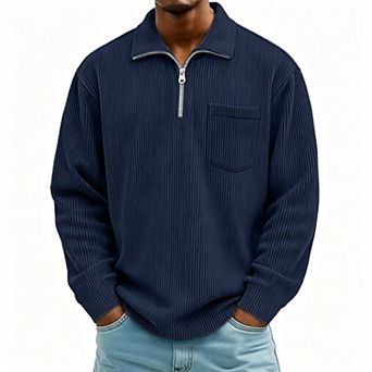 Men's Zipper Collar Corduroy Long-Sleeve Polo Sweatshirts