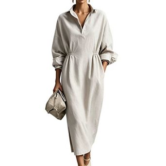 Women's Polo Collar Dress, Long Sleeve Drawstring High Waist Side Slit Dress