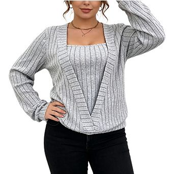 Womens Square Neck Long Sleeve Ribbed Shirts Casual Fall Loose Fit Blouse Lightweight Tunic Top