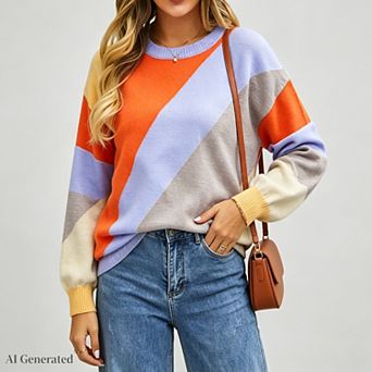 Women Casual Crew Neck Long Sleeve Color Block Loose Fit Sweater Knit Jumper Tops