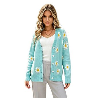 Women's Casual V Neck Long Sleeve Knitted Cardigan Loose Floral Jacquard Button Down Sweaters