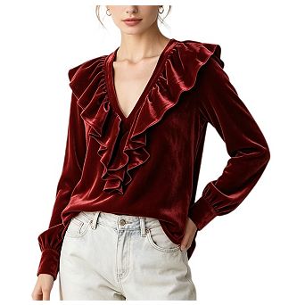 Womens Velvet Blouses Dressy Casual Long Sleeve Ruffle V Neck Work Shirts Loose Tunic Tops