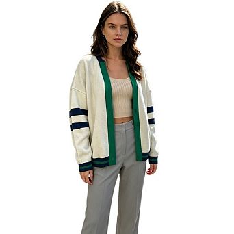 Women's Simple V Neck Long Sleeve Knit Cardigan Loose Color Block Button Down Stripe Sweaters