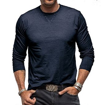 Mens Slub Cotton Long Sleeve Crew Neck T‑Shirt V‑ Casual Top