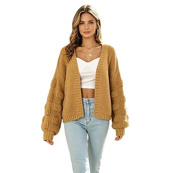 Women's Loose Puff Lantern Long Sleeve Knit Cardigan Open Front Drop Shoulder Textured Sweaters