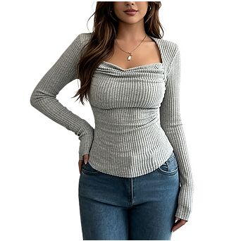 Women's Square Neck Ribbed Knit Long Sleeve Tops Casual Slim Fit Fall Work Shirt Tops
