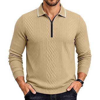 Mens Cable Knit Quarter Zip Long Sleeve Polo Shirt Contrast Collar Top