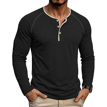 Mens Raglan Henley Long Sleeve Shirt Contrast Trim Casual Tee