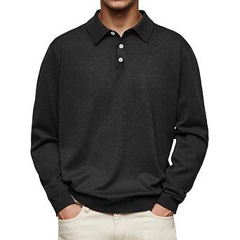 Mens Knit Long Sleeve Polo Shirt Button Placket Casual Top