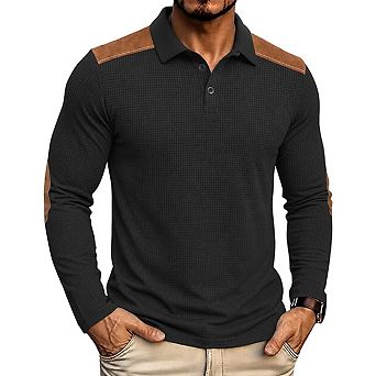 Mens Waffle Long Sleeve Polo Shirt Faux Suede Patch Shoulder Elbow Top