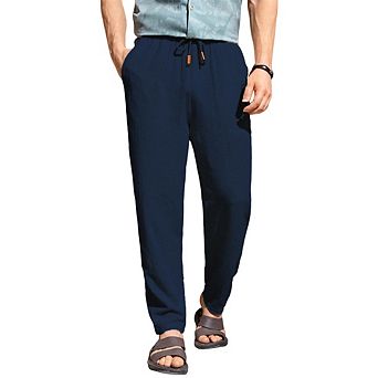 Mens Linen Drawstring Pants Elastic Waist Loose Casual Trousers