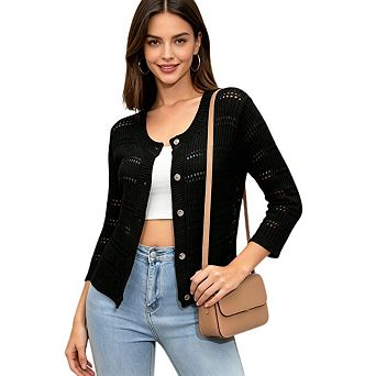 Women's Casual 3/4 Sleeve Cardigan Button Down Shrugs Soft Knit Hollow Out Crochet Cardigan Sweater