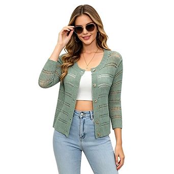 Women's Casual 3/4 Sleeve Cardigan Button Down Shrugs Soft Knit Hollow Out Crochet Cardigan Sweater