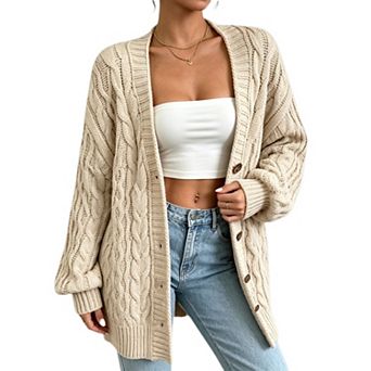 Women's Oversized Cable‑Knit Open Front Cardigan V Neck Lantern Sleeve Button‑Down Sweater Coat