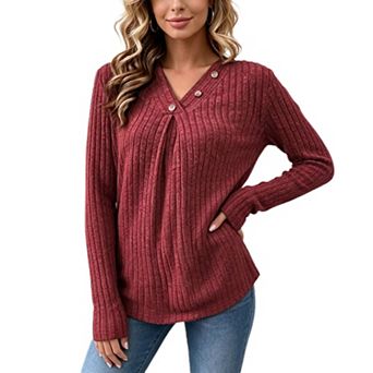 Women's Henley V‑Neck Ribbed Knit Top Pleated Front Long‑Sleeve Casual Pullover Shirt